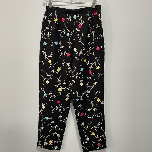 Talbots Irish Linen embroidered high rise pants black with floral pattern size 8 - Picture 1 of 16